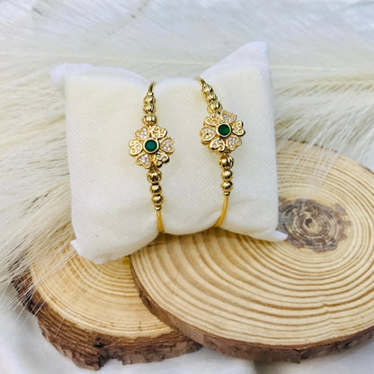 Elegant Gold-Plated Flower Design Bangles with Green Stone & Crystal Accents – Traditional Jewelry for Women. - Abid Cart