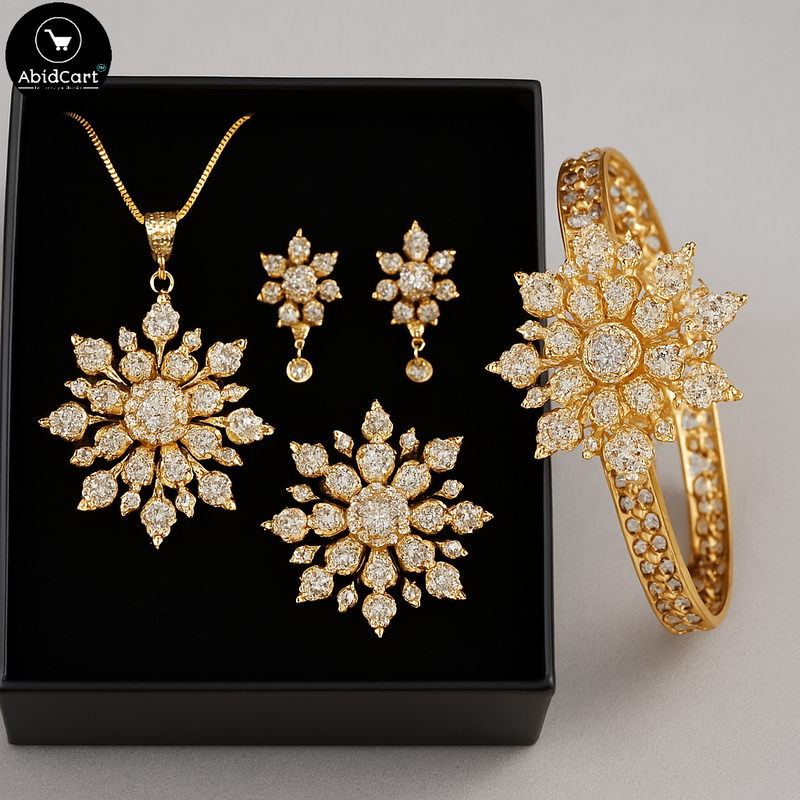 Elegant Sunflower Design Gold-Plated Jewelry Set with Diamonds - Necklace, Earrings, Ring & Bracelet. - Abid Cart