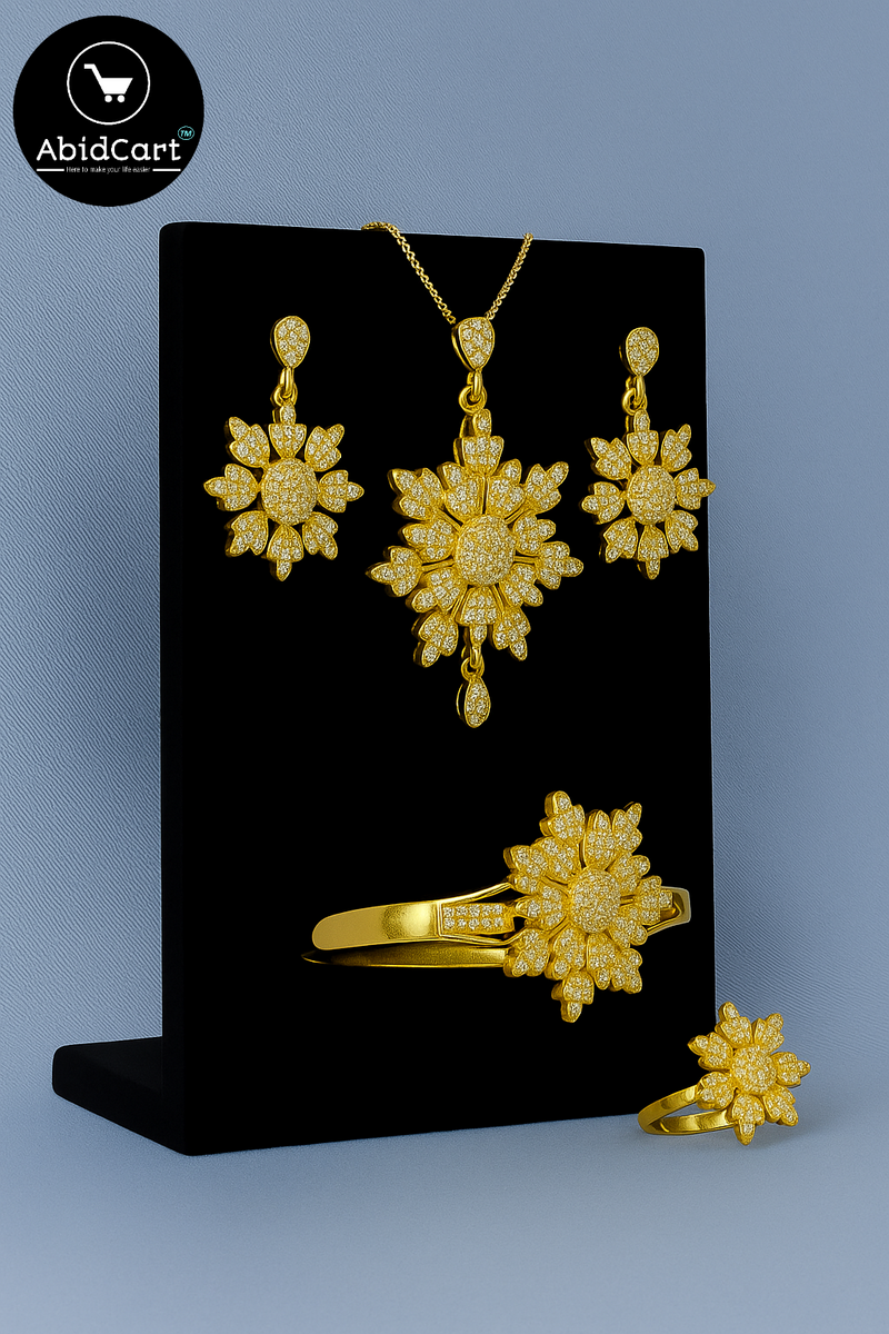 Elegant Sunflower Design Gold-Plated Jewelry Set with Diamonds - Necklace, Earrings, Ring & Bracelet. - Abid Cart