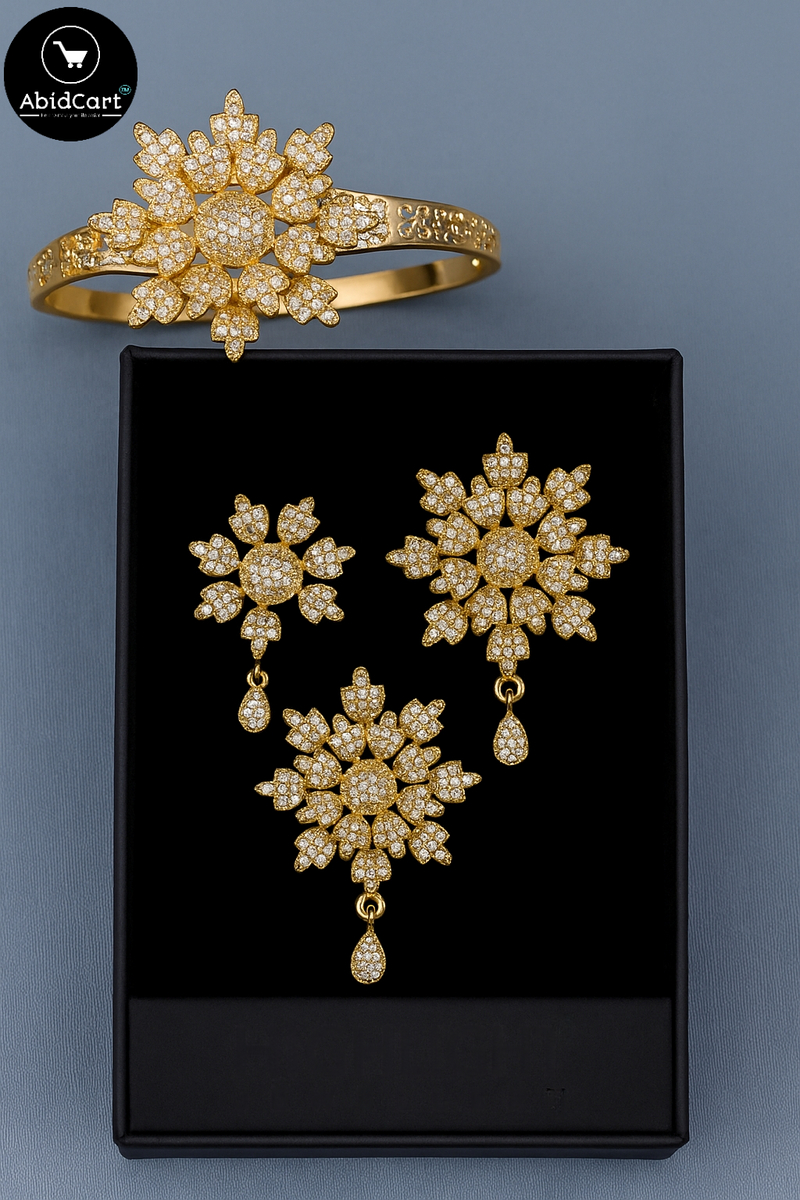 Elegant Sunflower Design Gold-Plated Jewelry Set with Diamonds - Necklace, Earrings, Ring & Bracelet. - Abid Cart
