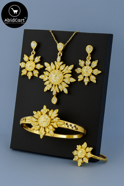 Elegant Sunflower Design Gold-Plated Jewelry Set with Diamonds - Necklace, Earrings, Ring & Bracelet. - Abid Cart