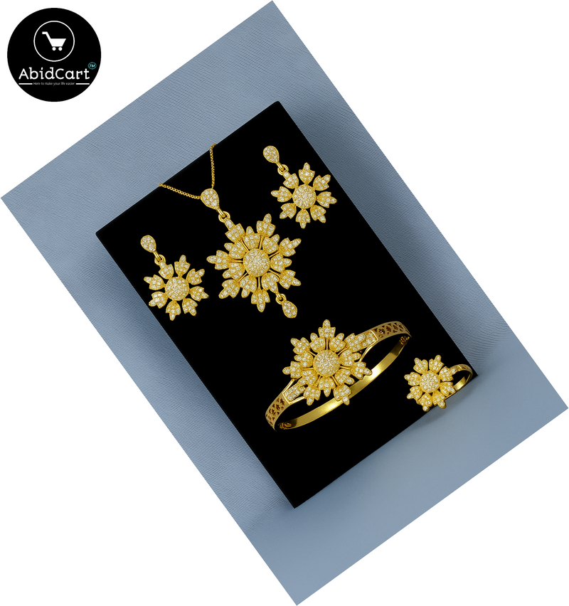 Elegant Sunflower Design Gold-Plated Jewelry Set with Diamonds - Necklace, Earrings, Ring & Bracelet. - Abid Cart