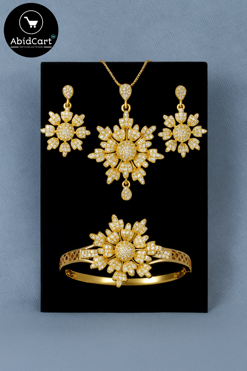 Elegant Sunflower Design Gold-Plated Jewelry Set with Diamonds - Necklace, Earrings, Ring & Bracelet. - Abid Cart