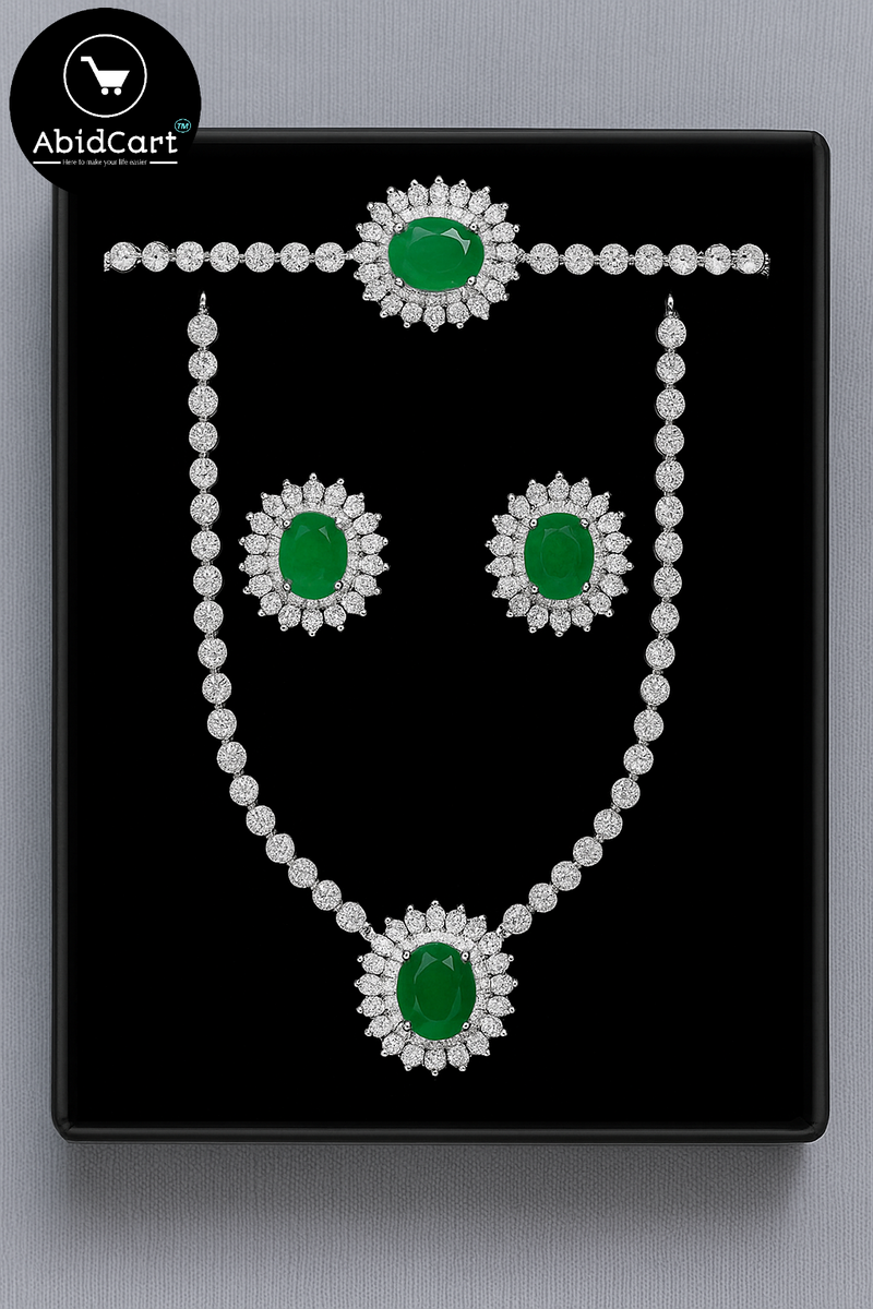 Emerald and Diamond Luxury Jewelry Set - Necklace, Bracelet, and Earrings. - Abid Cart