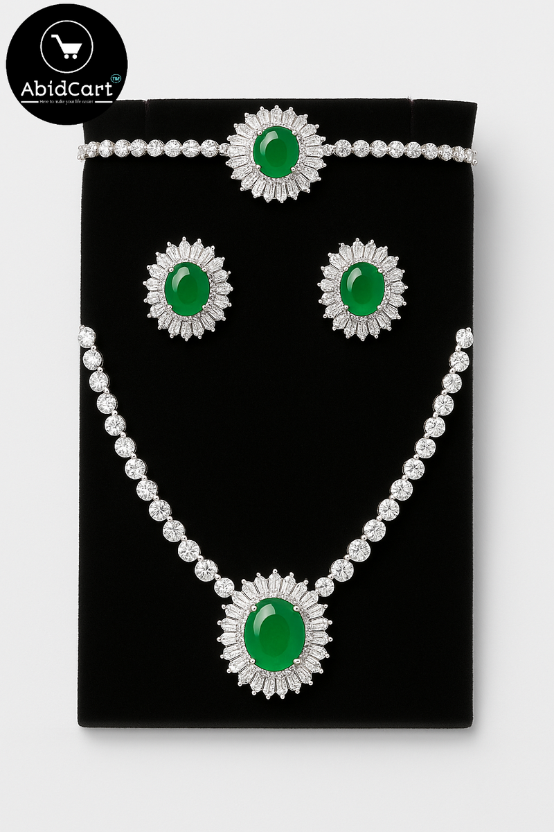 Emerald and Diamond Luxury Jewelry Set - Necklace, Bracelet, and Earrings. - Abid Cart