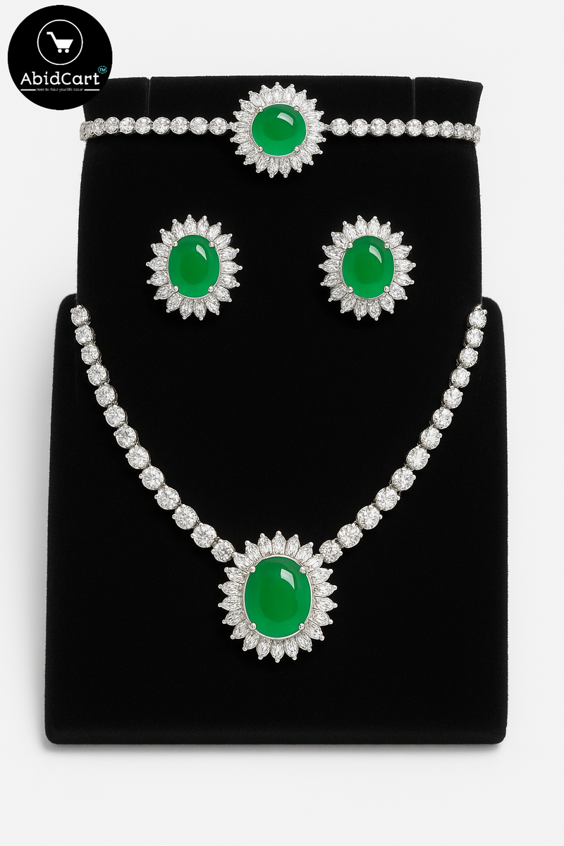 Emerald and Diamond Luxury Jewelry Set - Necklace, Bracelet, and Earrings. - Abid Cart