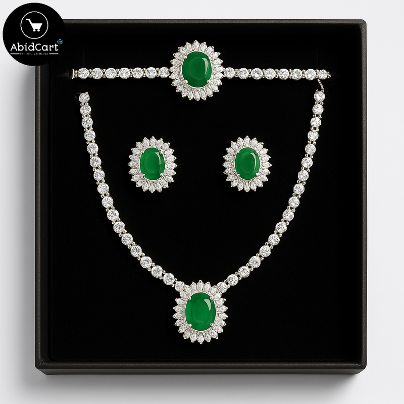 Emerald and Diamond Luxury Jewelry Set - Necklace, Bracelet, and Earrings. - Abid Cart
