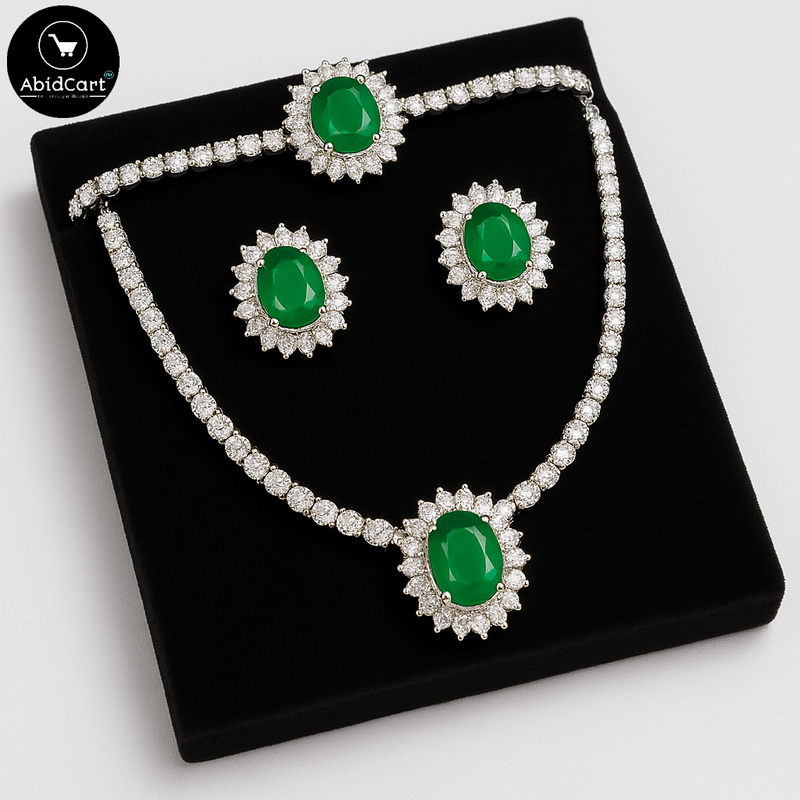 Emerald and Diamond Luxury Jewelry Set - Necklace, Bracelet, and Earrings. - Abid Cart