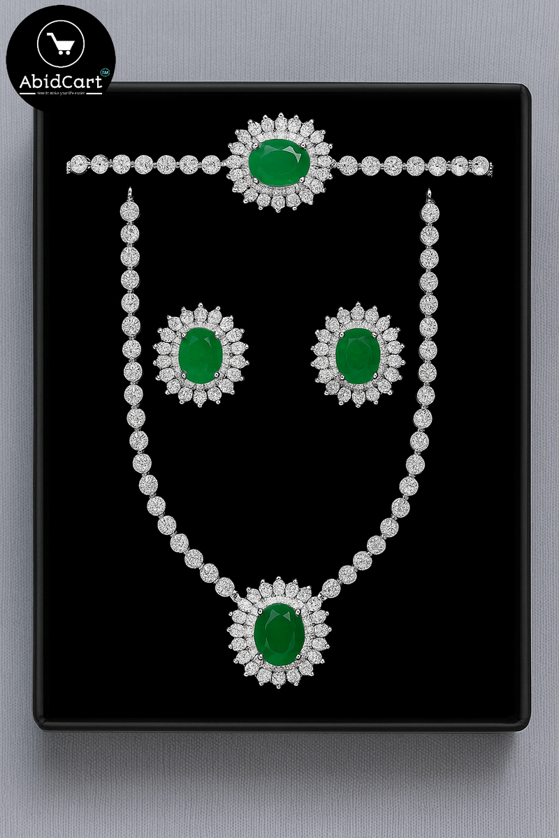 Emerald and Diamond Luxury Jewelry Set - Necklace, Bracelet, and Earrings. - Abid Cart