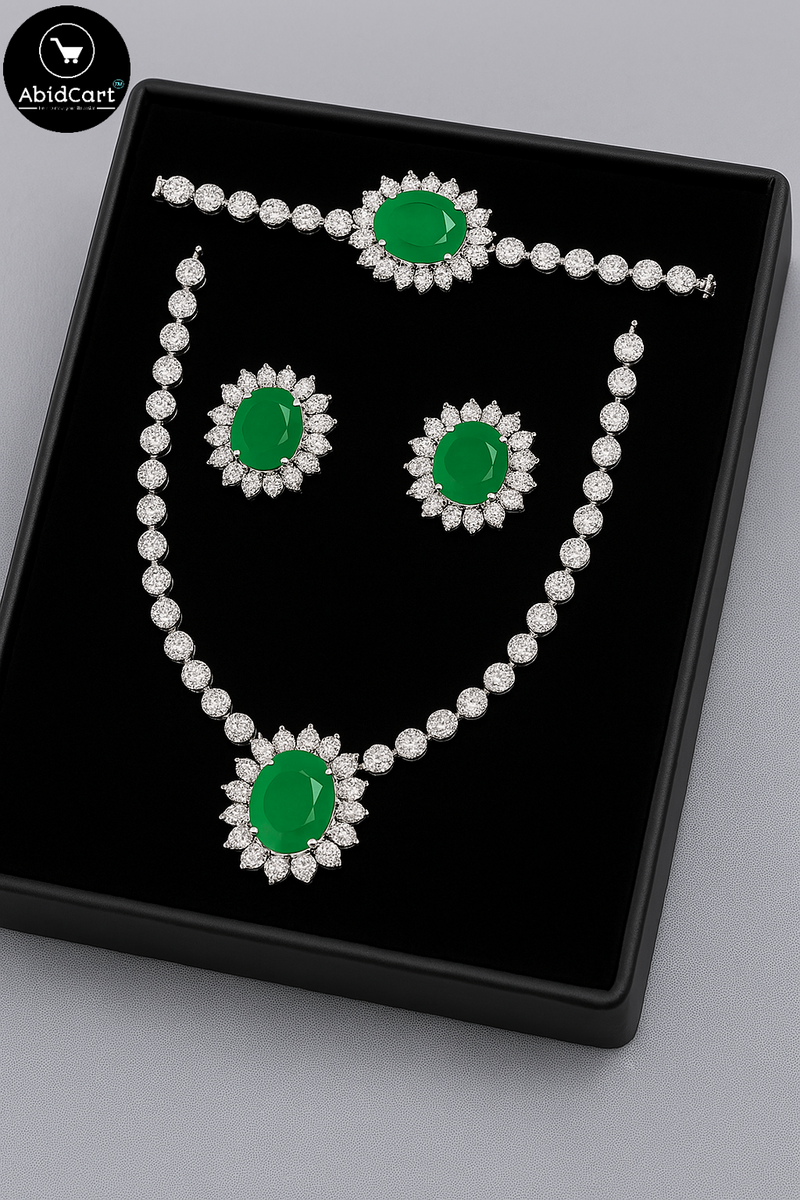 Emerald and Diamond Luxury Jewelry Set - Necklace, Bracelet, and Earrings. - Abid Cart