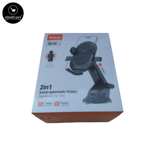 Gemen GR-02 2-in-1 Semi-Automatic Dashboard & Air Vent Mobile Holder Stand – Adjustable, Secure, and Versatile Car Mount for Smartphones.
