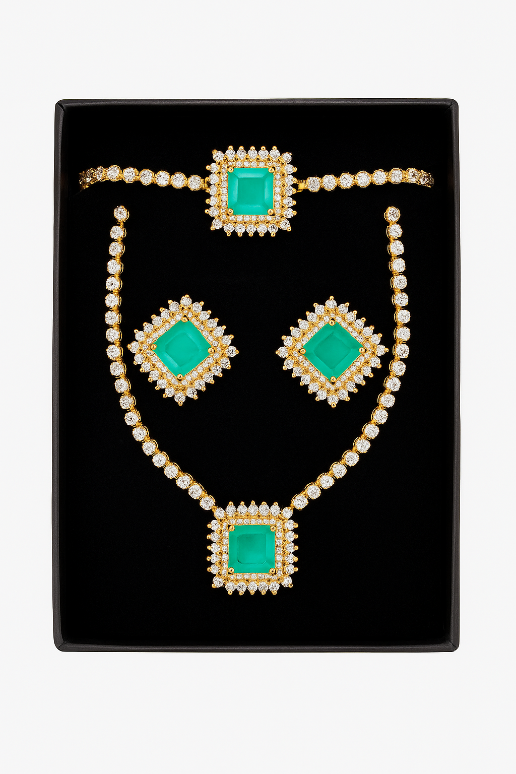 Luxurious Emerald and Diamond Jewelry Set - Necklace, Earrings, and Bracelet. - Abid Cart