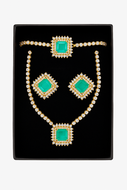Luxurious Emerald and Diamond Jewelry Set - Necklace, Earrings, and Bracelet. - Abid Cart