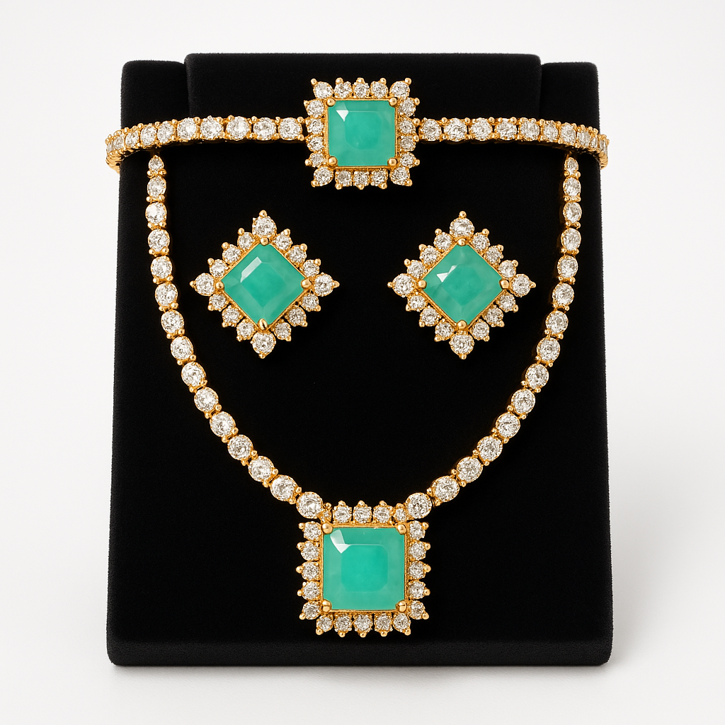 Luxurious Emerald and Diamond Jewelry Set - Necklace, Earrings, and Bracelet. - Abid Cart