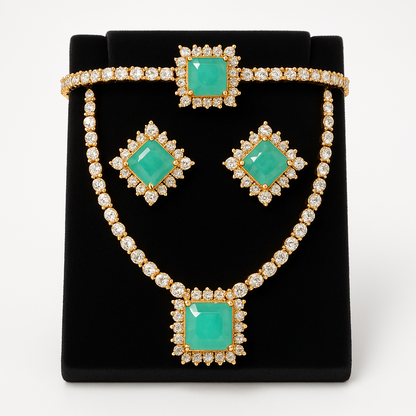 Luxurious Emerald and Diamond Jewelry Set - Necklace, Earrings, and Bracelet. - Abid Cart