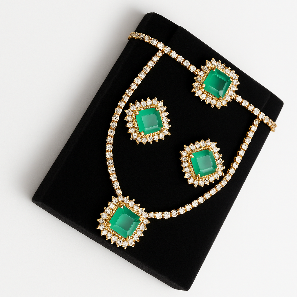 Luxurious Emerald and Diamond Jewelry Set - Necklace, Earrings, and Bracelet. - Abid Cart