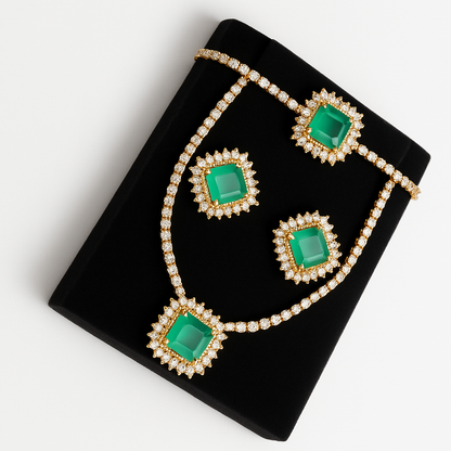 Luxurious Emerald and Diamond Jewelry Set - Necklace, Earrings, and Bracelet. - Abid Cart