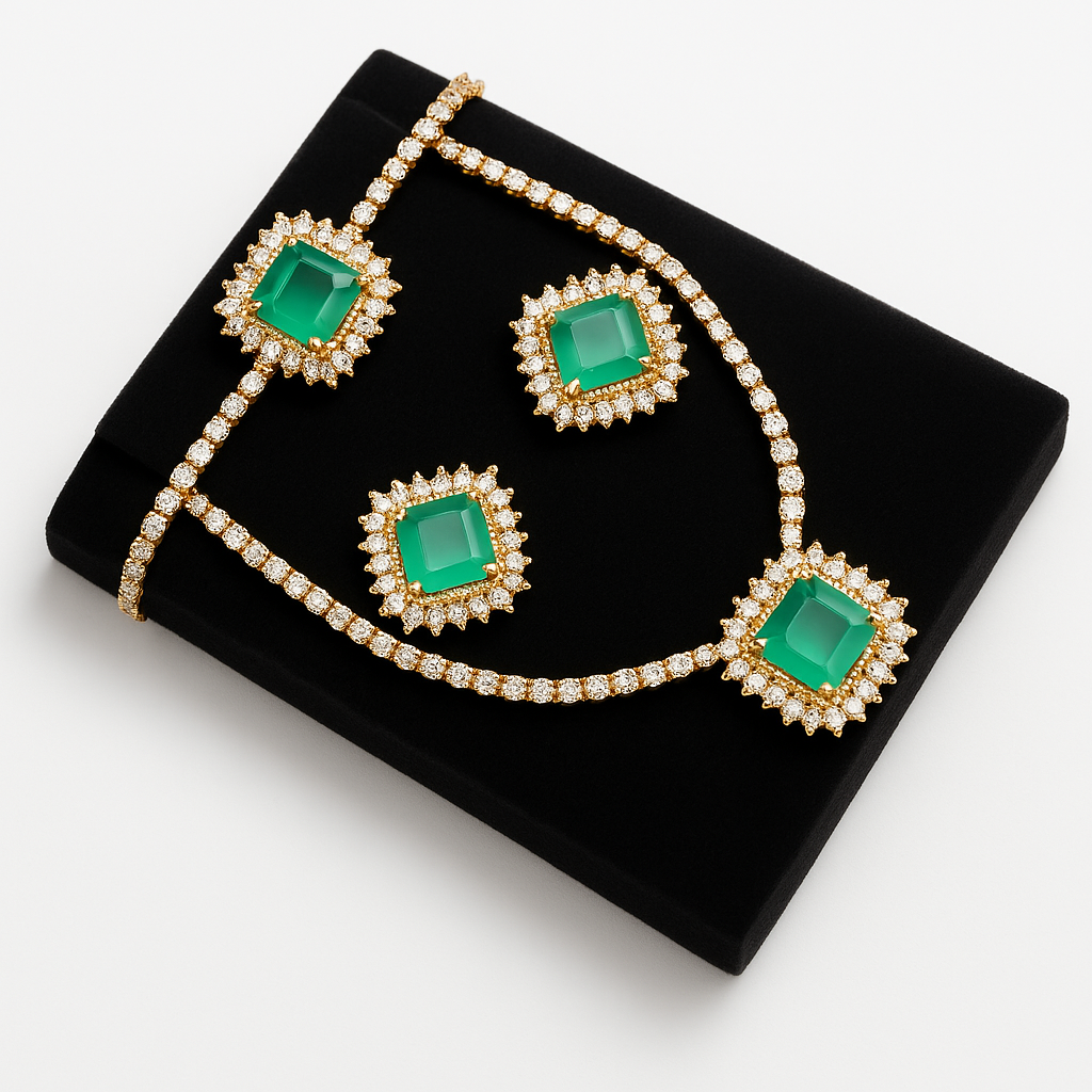 Luxurious Emerald and Diamond Jewelry Set - Necklace, Earrings, and Bracelet. - Abid Cart