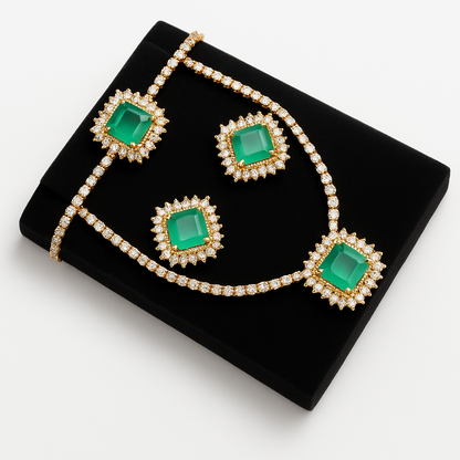 Luxurious Emerald and Diamond Jewelry Set - Necklace, Earrings, and Bracelet. - Abid Cart