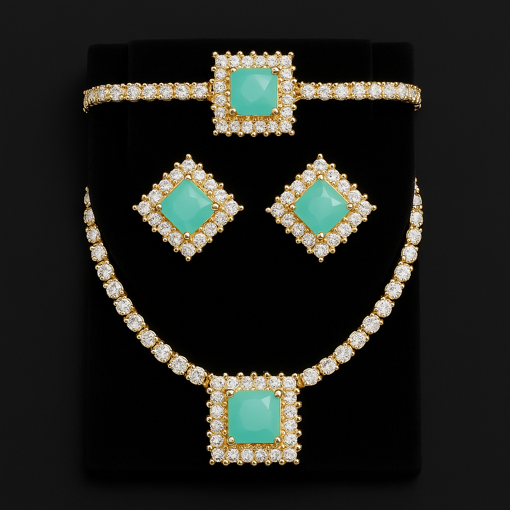 Luxurious Emerald and Diamond Jewelry Set - Necklace, Earrings, and Bracelet. - Abid Cart