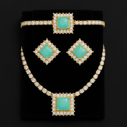 Luxurious Emerald and Diamond Jewelry Set - Necklace, Earrings, and Bracelet. - Abid Cart