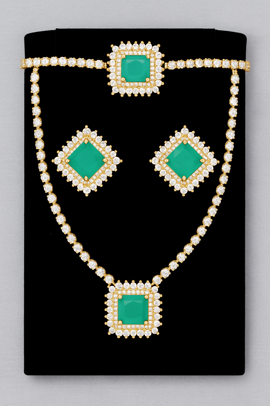 Luxurious Emerald and Diamond Jewelry Set - Necklace, Earrings, and Bracelet. - Abid Cart