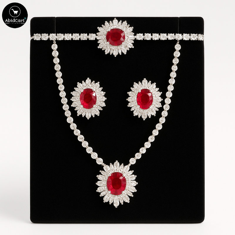 Luxurious Ruby and Diamond Jewelry Set - Necklace, Earrings, and Pendant | AbidCart. - Abid Cart