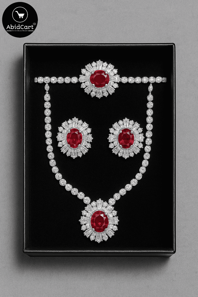 Luxurious Ruby and Diamond Jewelry Set - Necklace, Earrings, and Pendant | AbidCart. - Abid Cart