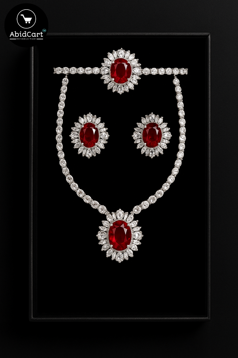 Luxurious Ruby and Diamond Jewelry Set - Necklace, Earrings, and Pendant | AbidCart. - Abid Cart