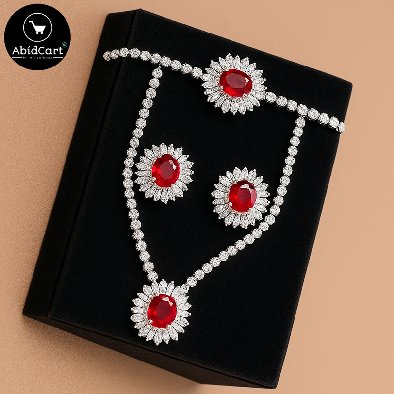 Luxurious Ruby and Diamond Jewelry Set - Necklace, Earrings, and Pendant | AbidCart. - Abid Cart