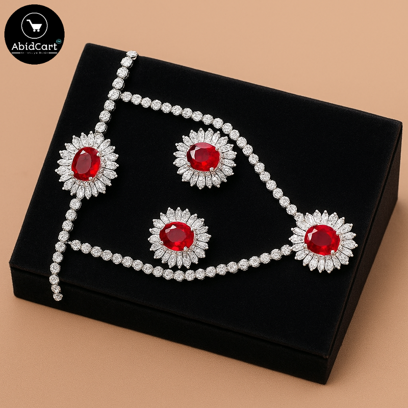 Luxurious Ruby and Diamond Jewelry Set - Necklace, Earrings, and Pendant | AbidCart. - Abid Cart