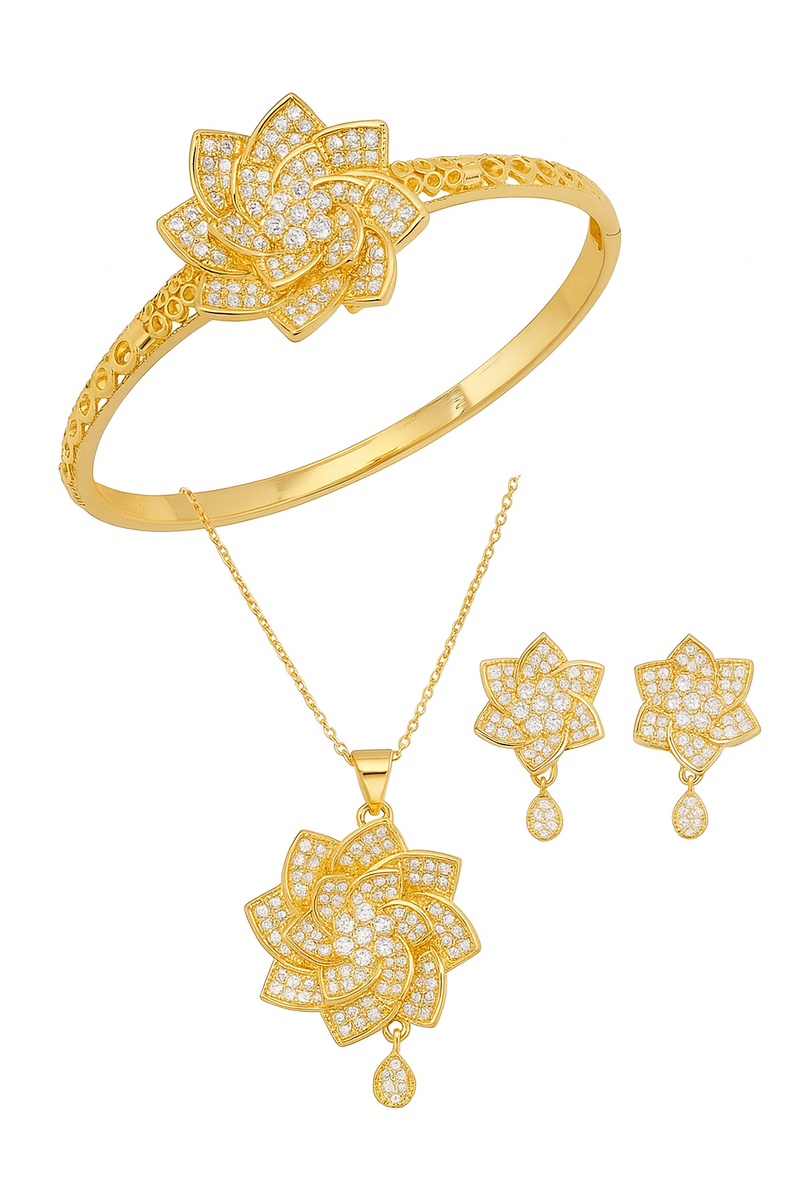 Luxury Gold & Diamond Floral Jewelry Set – Necklace, Bracelet, Earrings & Ring for Women Bridal & Party Wear Accessories. - Abid Cart