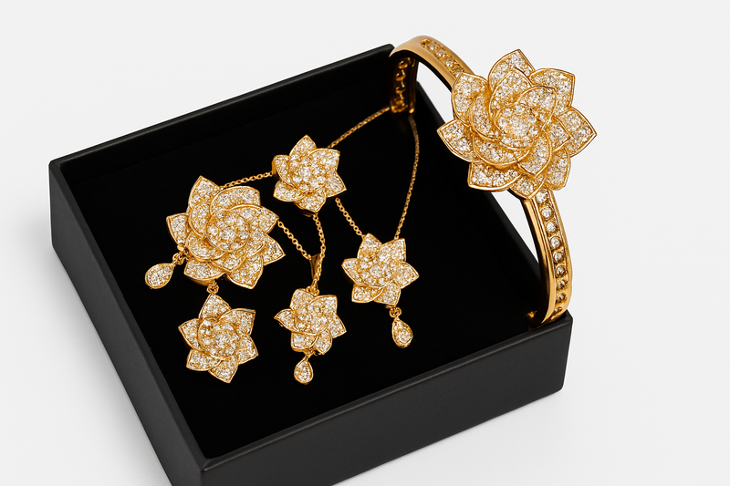 Luxury Gold & Diamond Floral Jewelry Set – Necklace, Bracelet, Earrings & Ring for Women Bridal & Party Wear Accessories. - Abid Cart