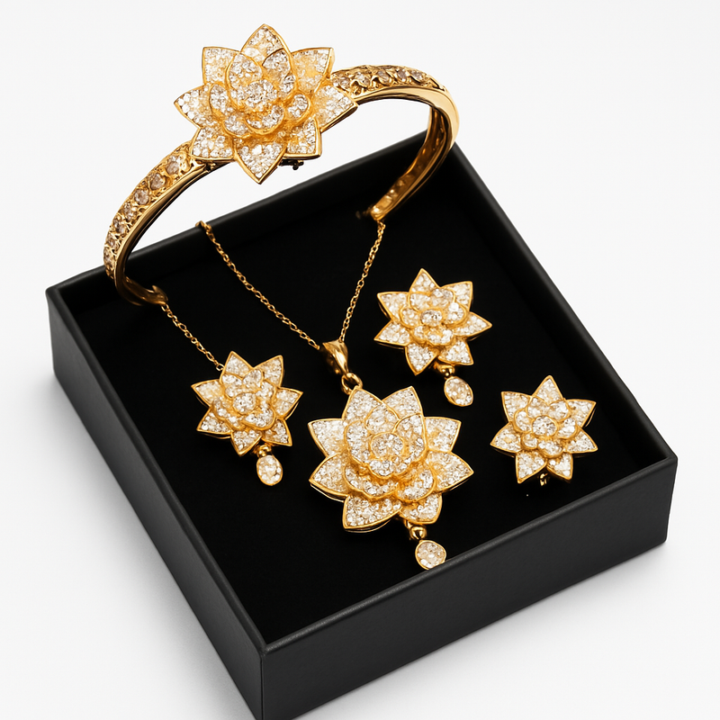 Luxury Gold & Diamond Floral Jewelry Set – Necklace, Bracelet, Earrings & Ring for Women Bridal & Party Wear Accessories. - Abid Cart
