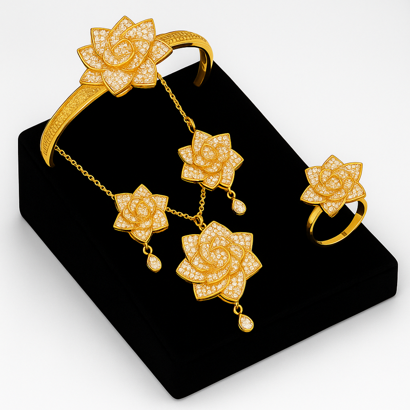 Luxury Gold & Diamond Floral Jewelry Set – Necklace, Bracelet, Earrings & Ring for Women Bridal & Party Wear Accessories. - Abid Cart