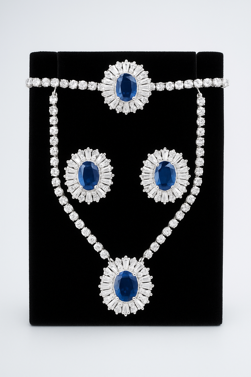 Luxury Diamond Jewelry Set – Necklace, Bracelet, Earrings – Blue Gemstone Bridal Set. - Abid Cart