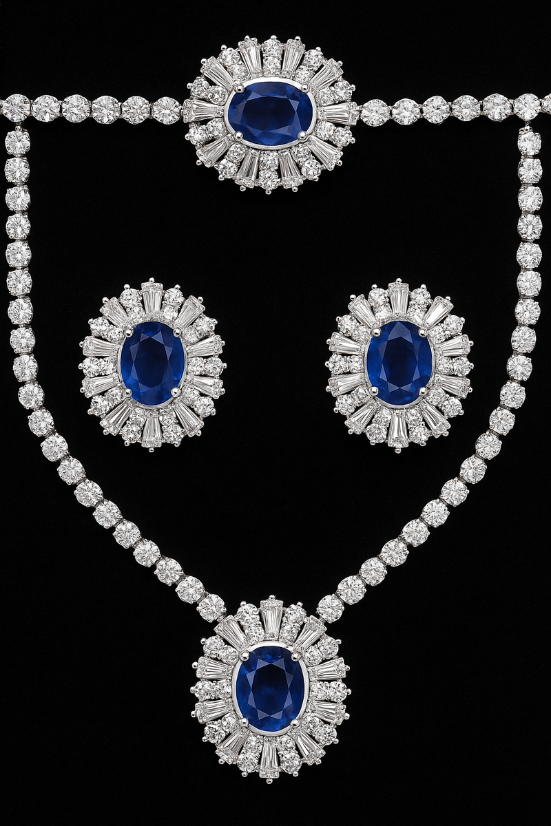 Luxury Diamond Jewelry Set – Necklace, Bracelet, Earrings – Blue Gemstone Bridal Set. - Abid Cart
