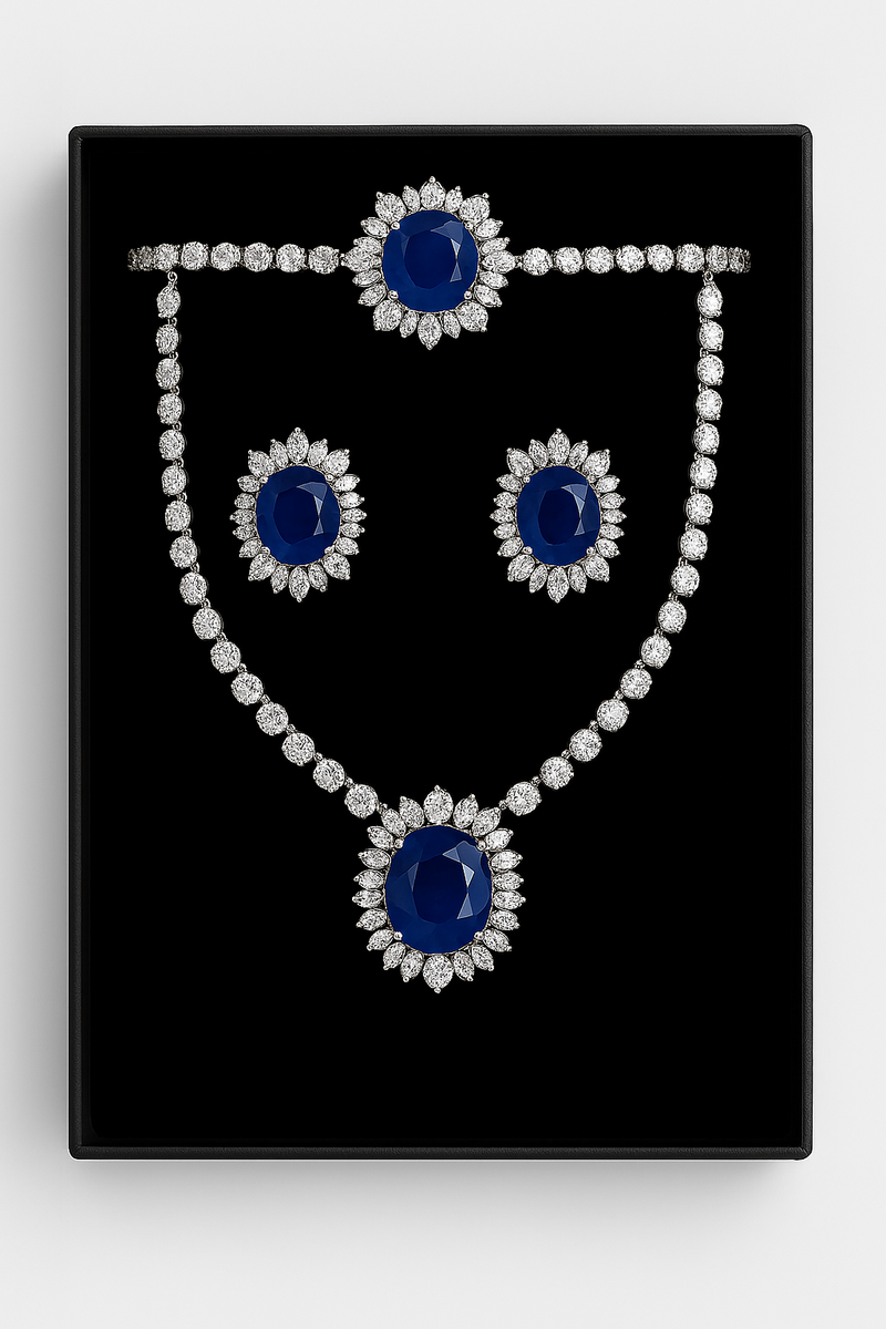 Luxury Diamond Jewelry Set – Necklace, Bracelet, Earrings – Blue Gemstone Bridal Set. - Abid Cart