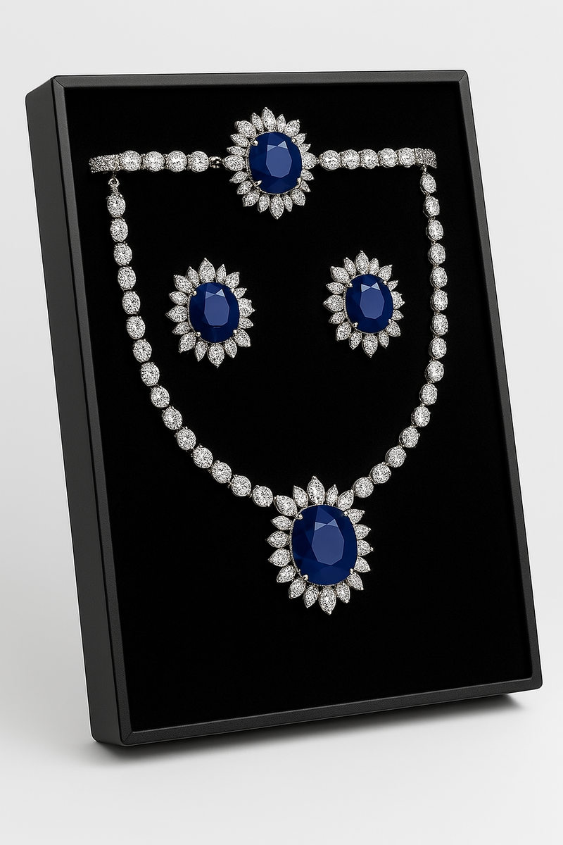 Luxury Diamond Jewelry Set – Necklace, Bracelet, Earrings – Blue Gemstone Bridal Set. - Abid Cart