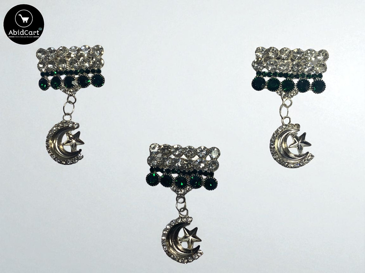 Pakistani Flag Crescent Moon & Star Badge – Green & White Crystal Jashan-e-Azadi Badge for Independence Day. (1 piece) - Abid Cart
