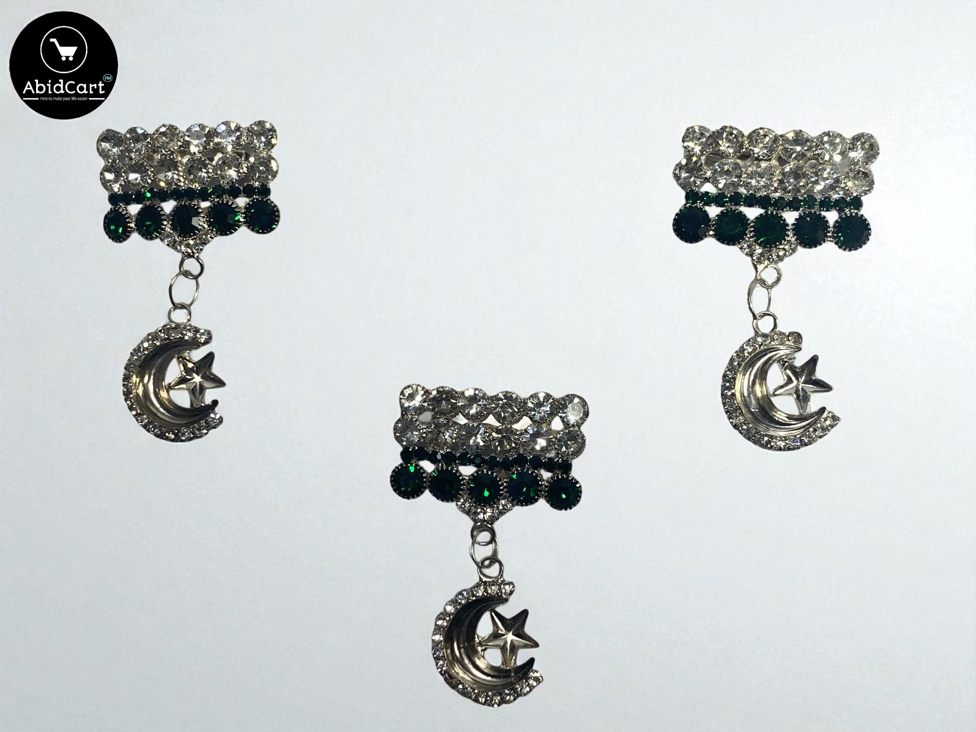 Pakistani Flag Crescent Moon & Star Badge – Green & White Crystal Jashan-e-Azadi Badge for Independence Day. (1 piece) - Abid Cart