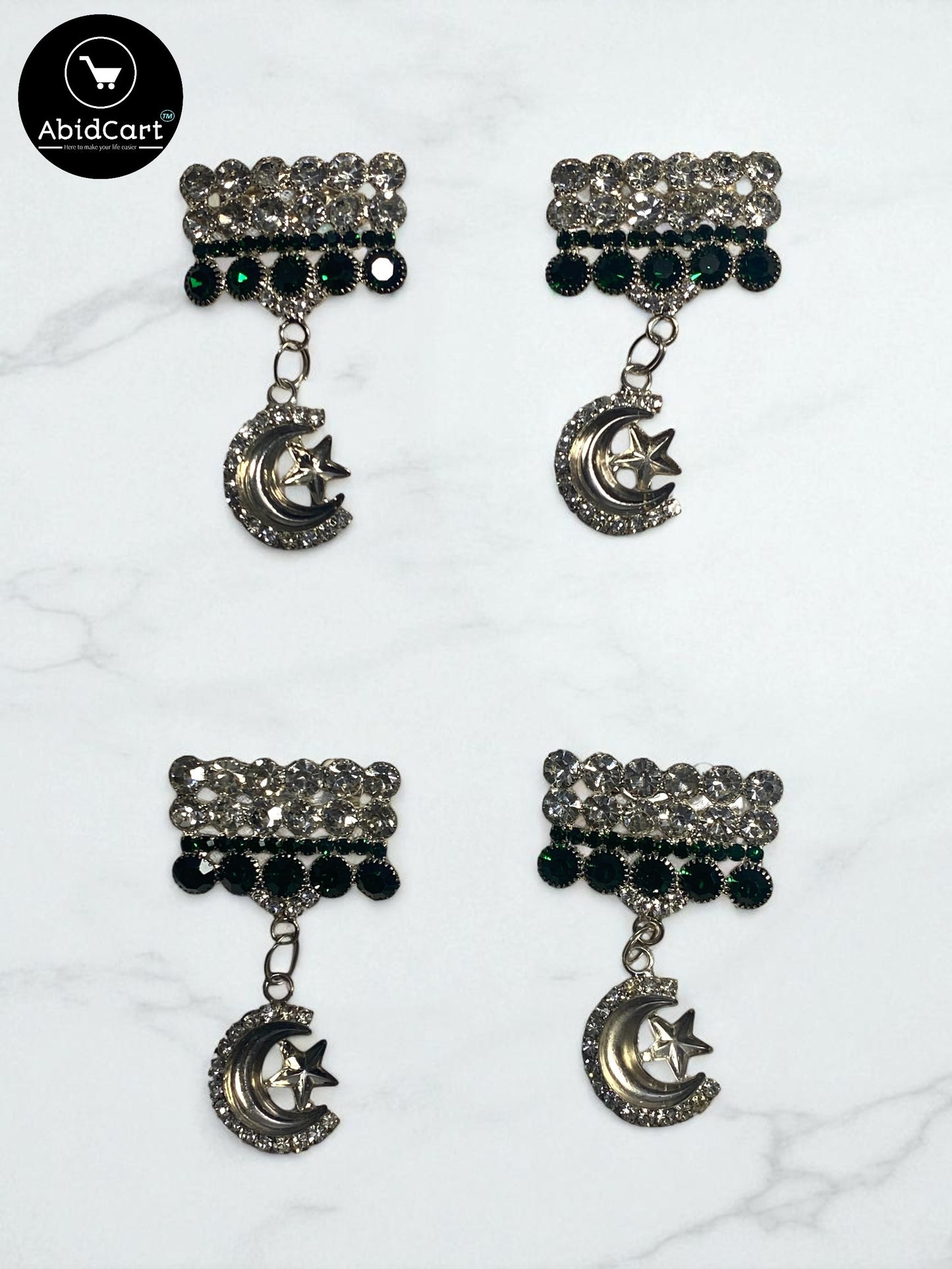 Pakistani Flag Crescent Moon & Star Badge – Green & White Crystal Jashan-e-Azadi Badge for Independence Day. (1 piece) - Abid Cart