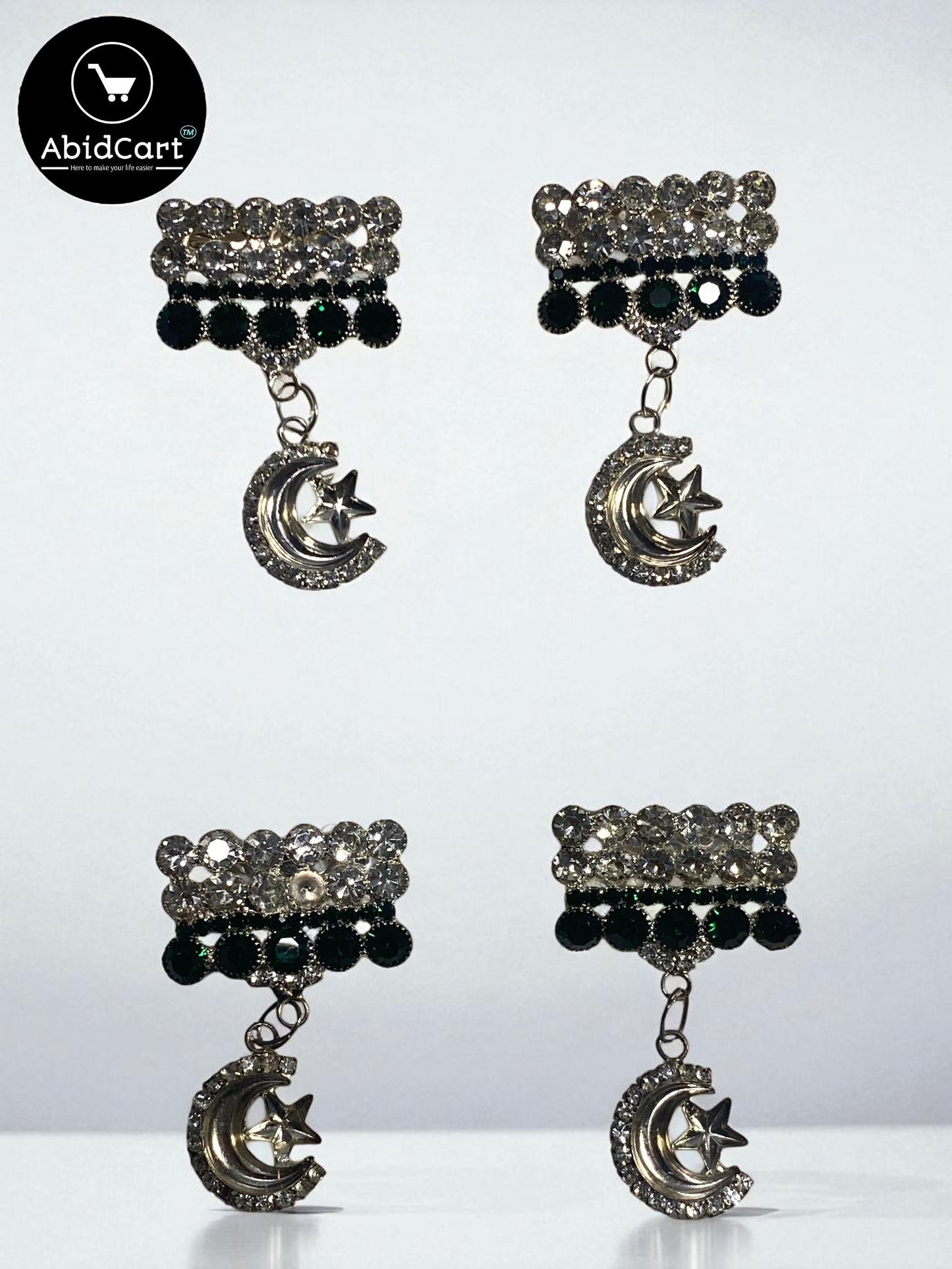Pakistani Flag Crescent Moon & Star Badge – Green & White Crystal Jashan-e-Azadi Badge for Independence Day. (1 piece) - Abid Cart