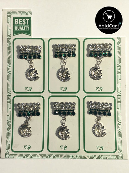 Pakistani Flag Crescent Moon & Star Badge – Green & White Crystal Jashan-e-Azadi Badge for Independence Day. (1 piece) - Abid Cart