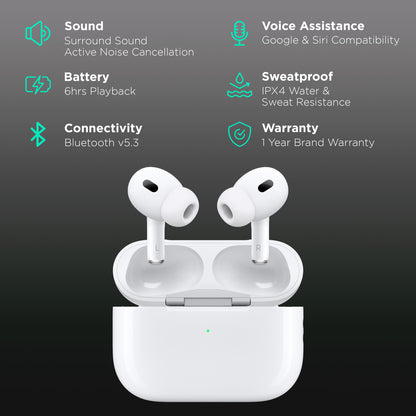 Premium Wireless Earbuds 2nd Gen with Bluetooth, ANC, Noise Cancellation, High Bass Sound, Buzzer & USB-C Charging Case.