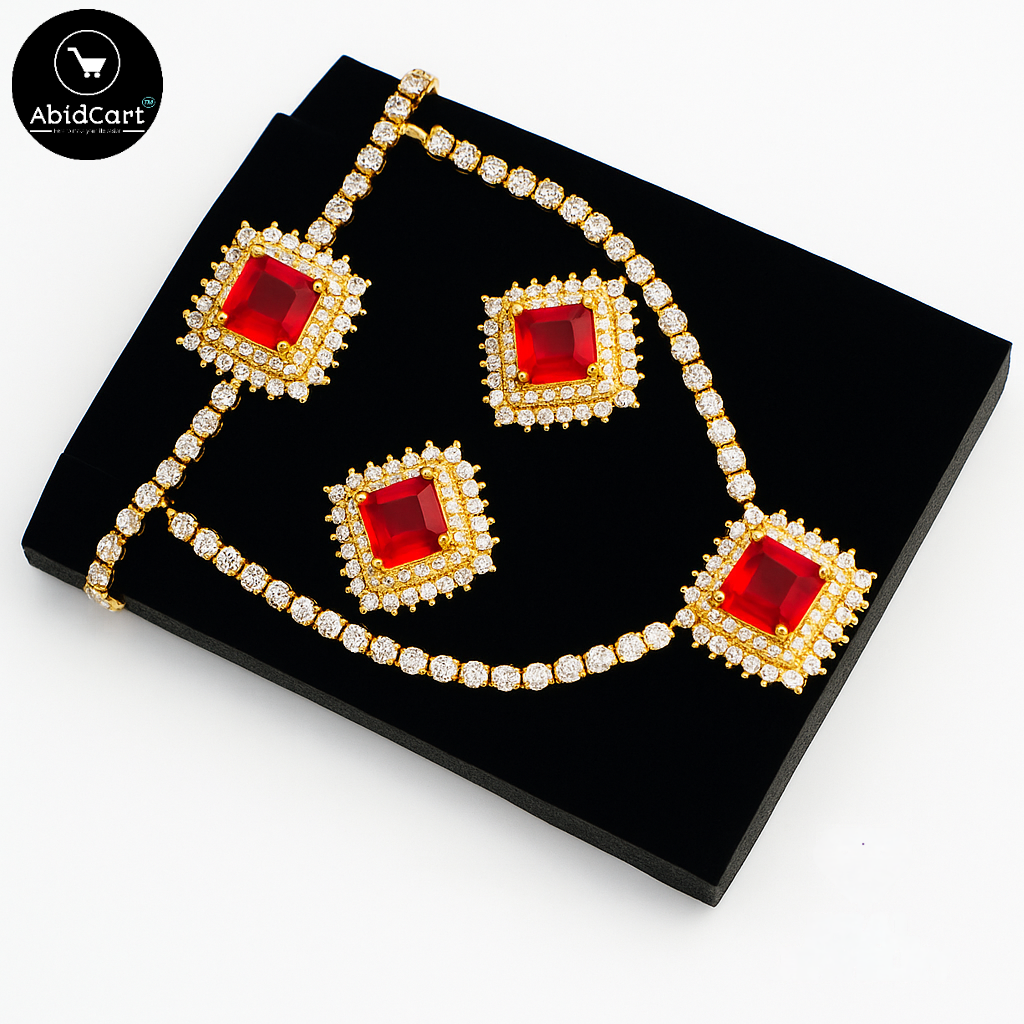 Elegant Red Ruby Gold Necklace and Earring Set - AbidCart Luxury Jewelry. - Abid Cart