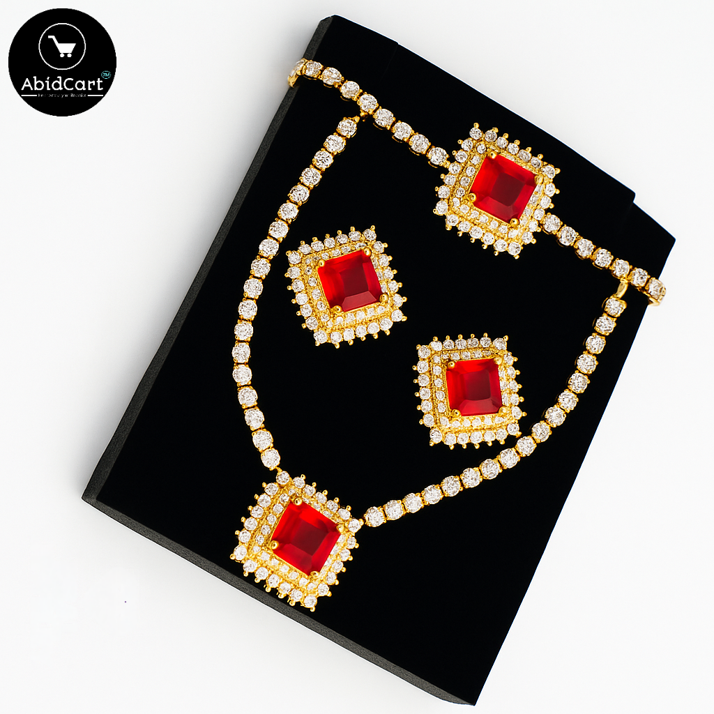 Elegant Red Ruby Gold Necklace and Earring Set - AbidCart Luxury Jewelry. - Abid Cart