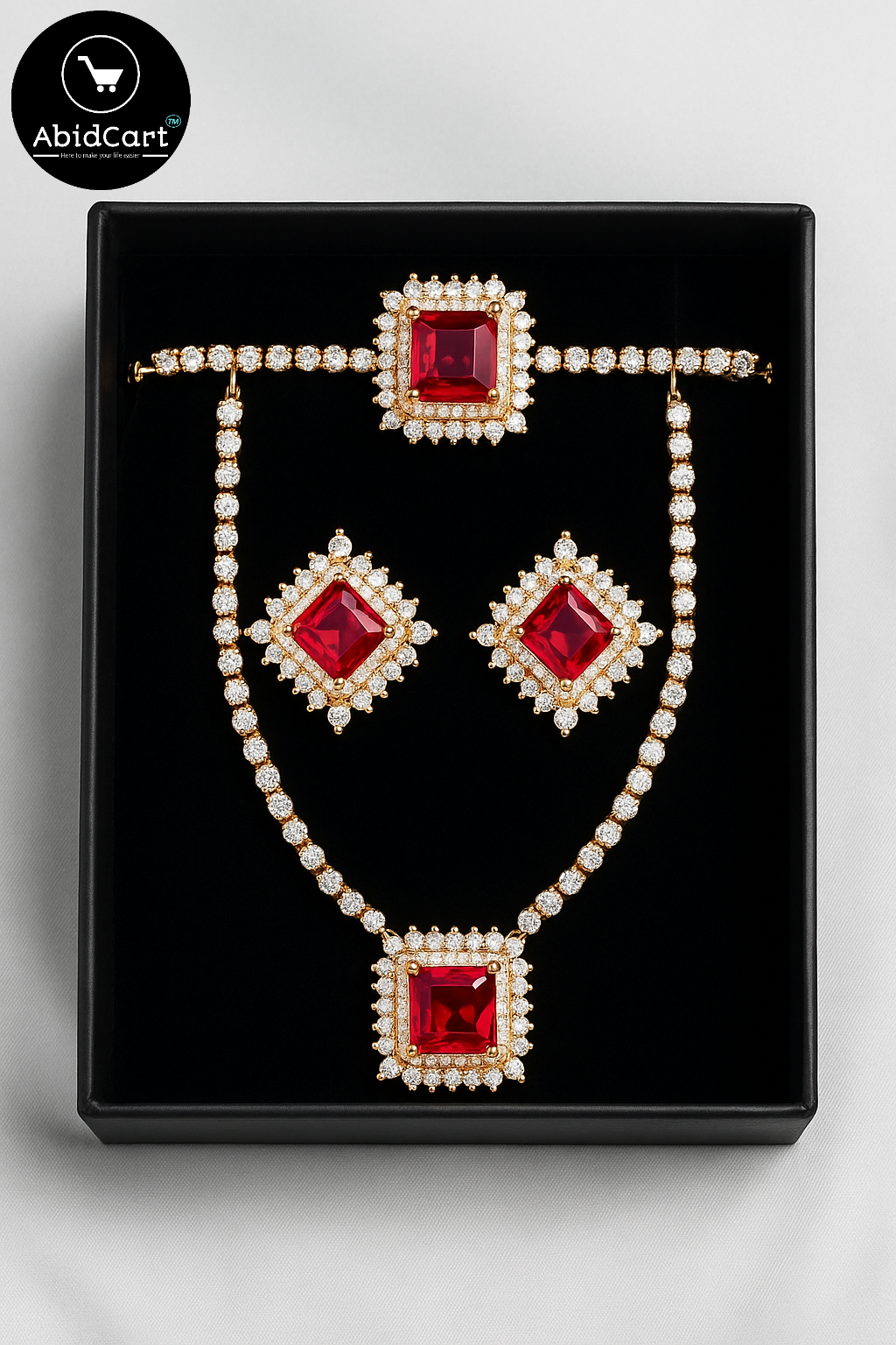 Elegant Red Ruby Gold Necklace and Earring Set - AbidCart Luxury Jewelry. - Abid Cart