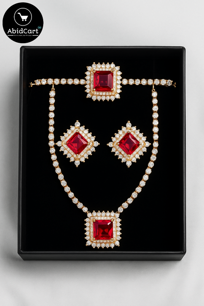 Elegant Red Ruby Gold Necklace and Earring Set - AbidCart Luxury Jewelry. - Abid Cart