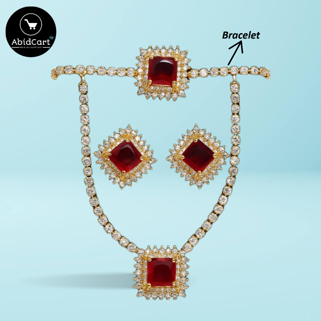 Elegant Red Ruby Gold Necklace and Earring Set - AbidCart Luxury Jewelry. - Abid Cart